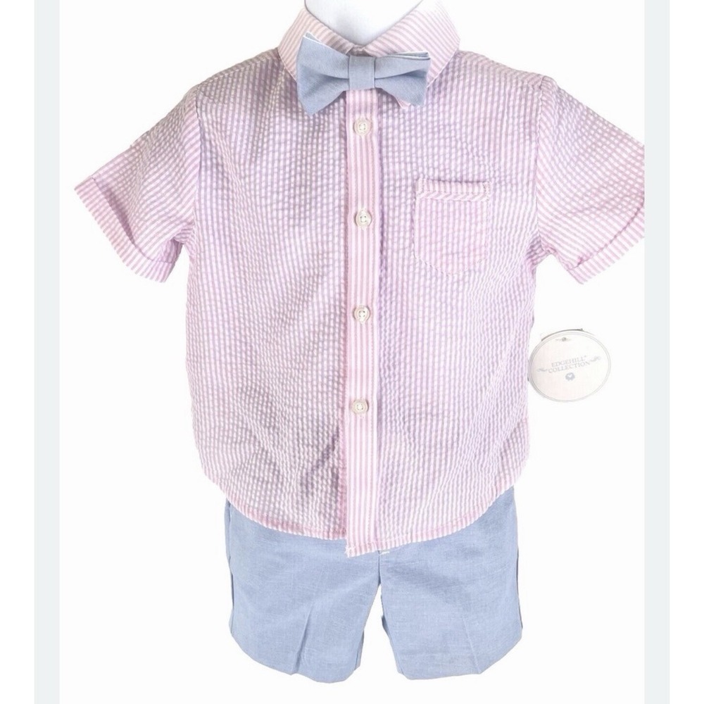 Edgehill Collection Boys Pink Stripe shirt Blue Bow Tie Sz Newborn NWT